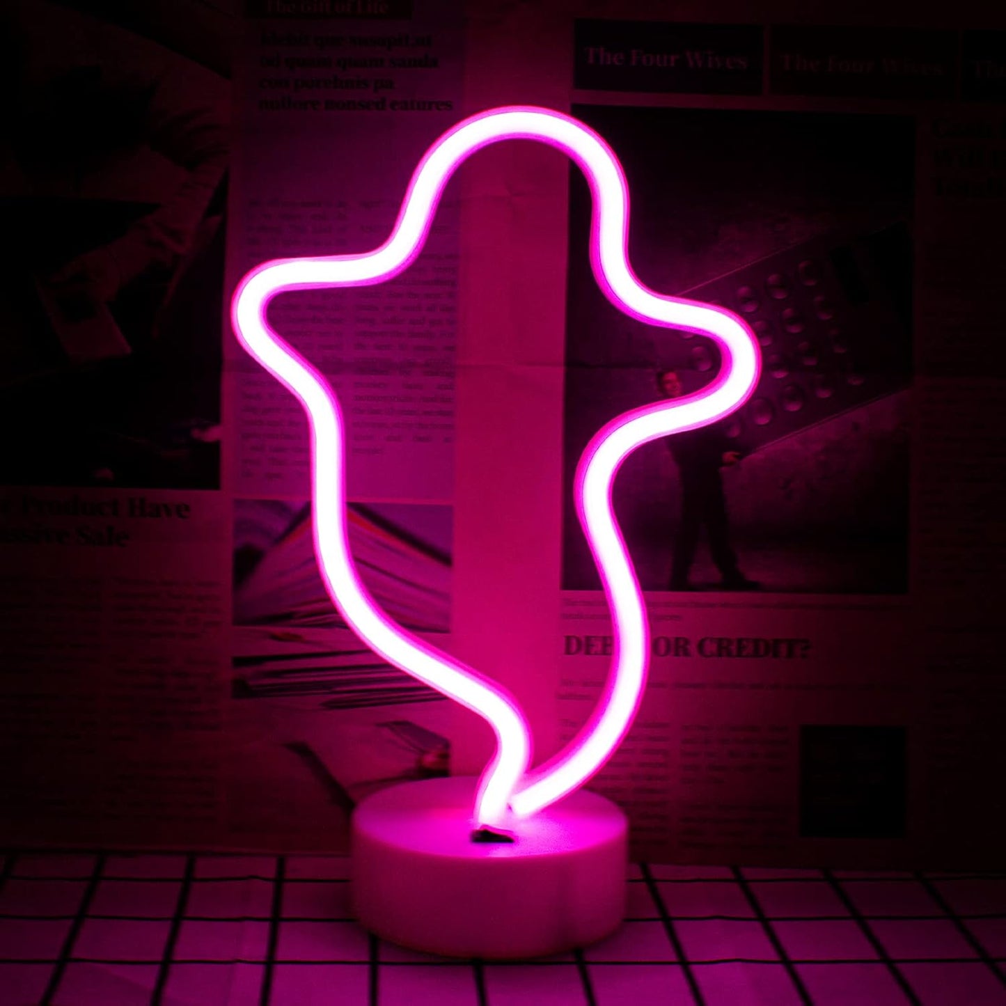 Ghost LED Neon Wall Sign - Halloween Decor, Battery-Operated Pink Neon Light for Bedroom, Christmas Parties, Weddings, and Kids' Rooms
