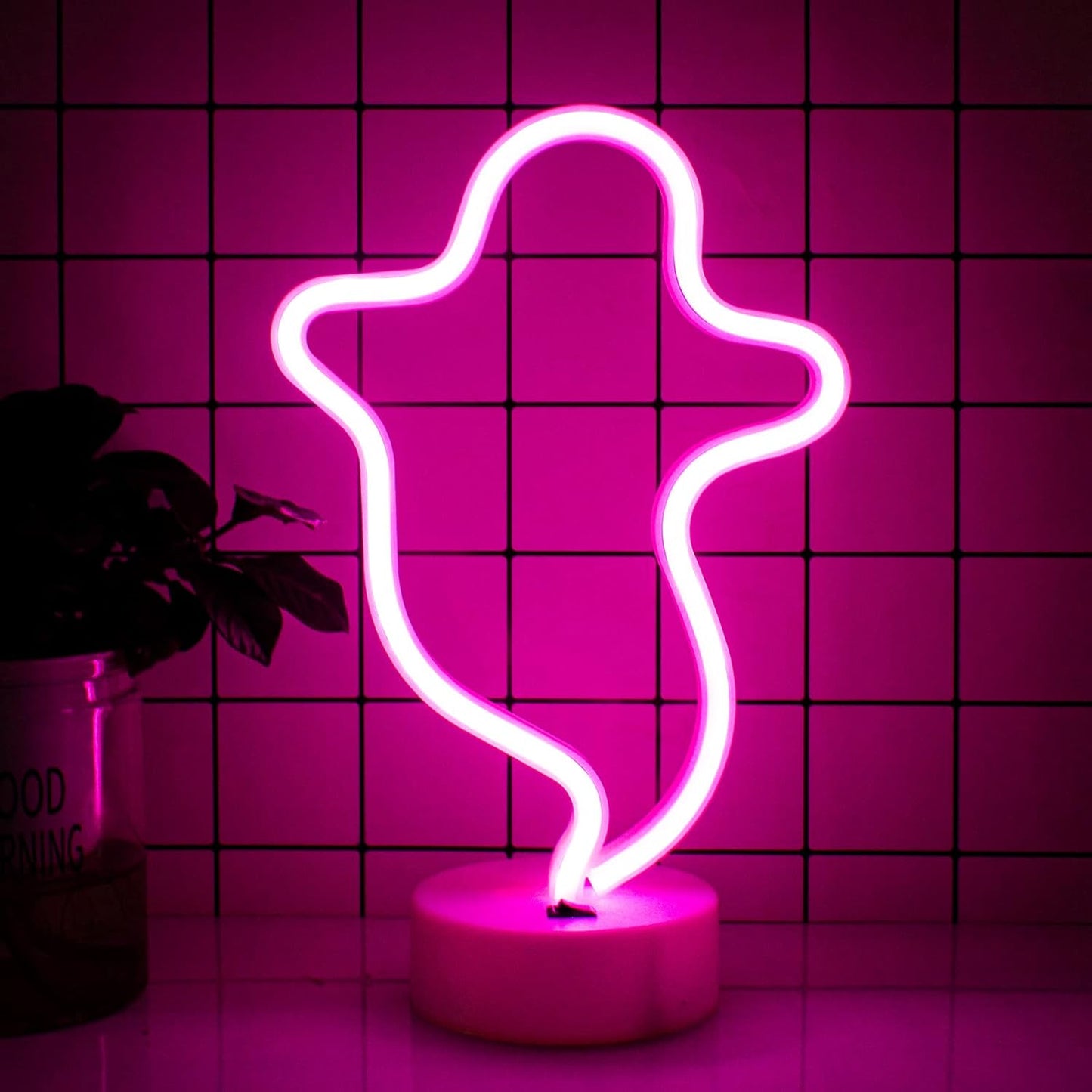 Ghost LED Neon Wall Sign - Halloween Decor, Battery-Operated Pink Neon Light for Bedroom, Christmas Parties, Weddings, and Kids' Rooms