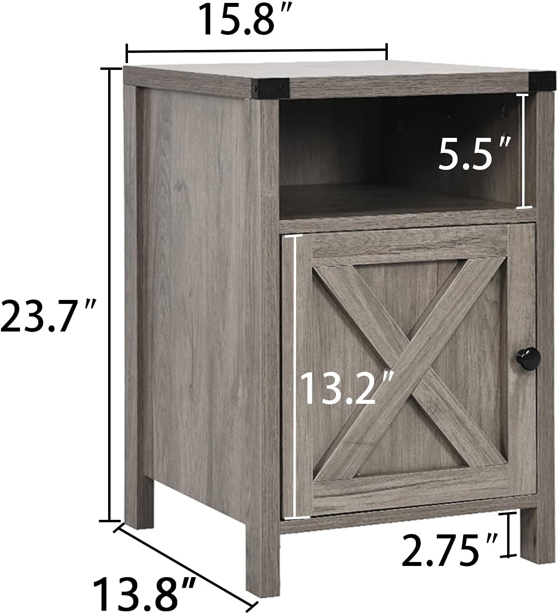 Set of 2 Rustic Gray Farmhouse Nightstands with Barn Door and Shelf for Bedroom and Living Room