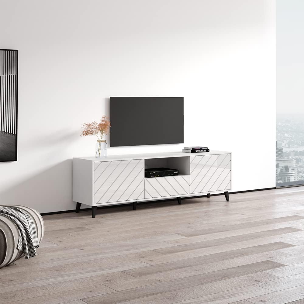 Paris High-Gloss Mid-Century Modern 71'' TV Stand with Storage for TVs up to 80" - White Media Center Console