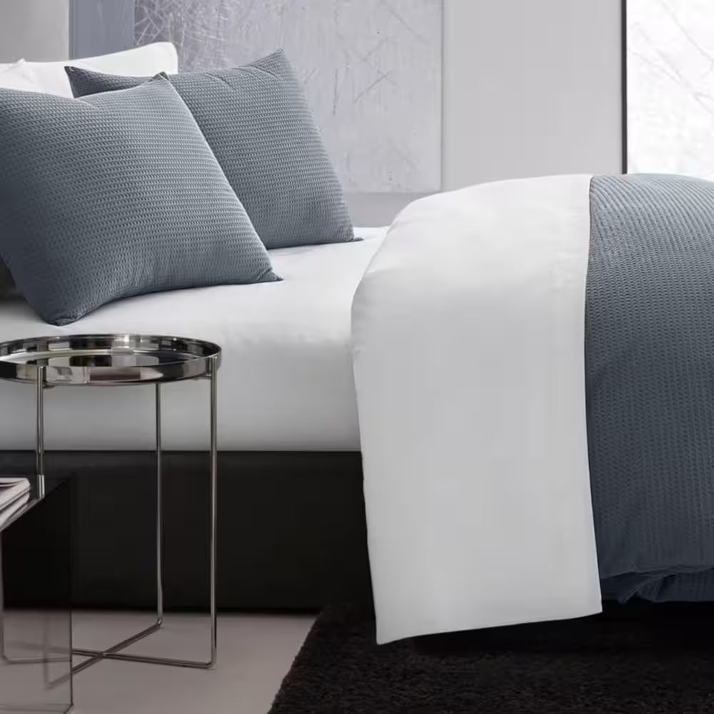 Waffle Pique 3-Piece Blue Solid Cotton Queen Duvet Cover Set