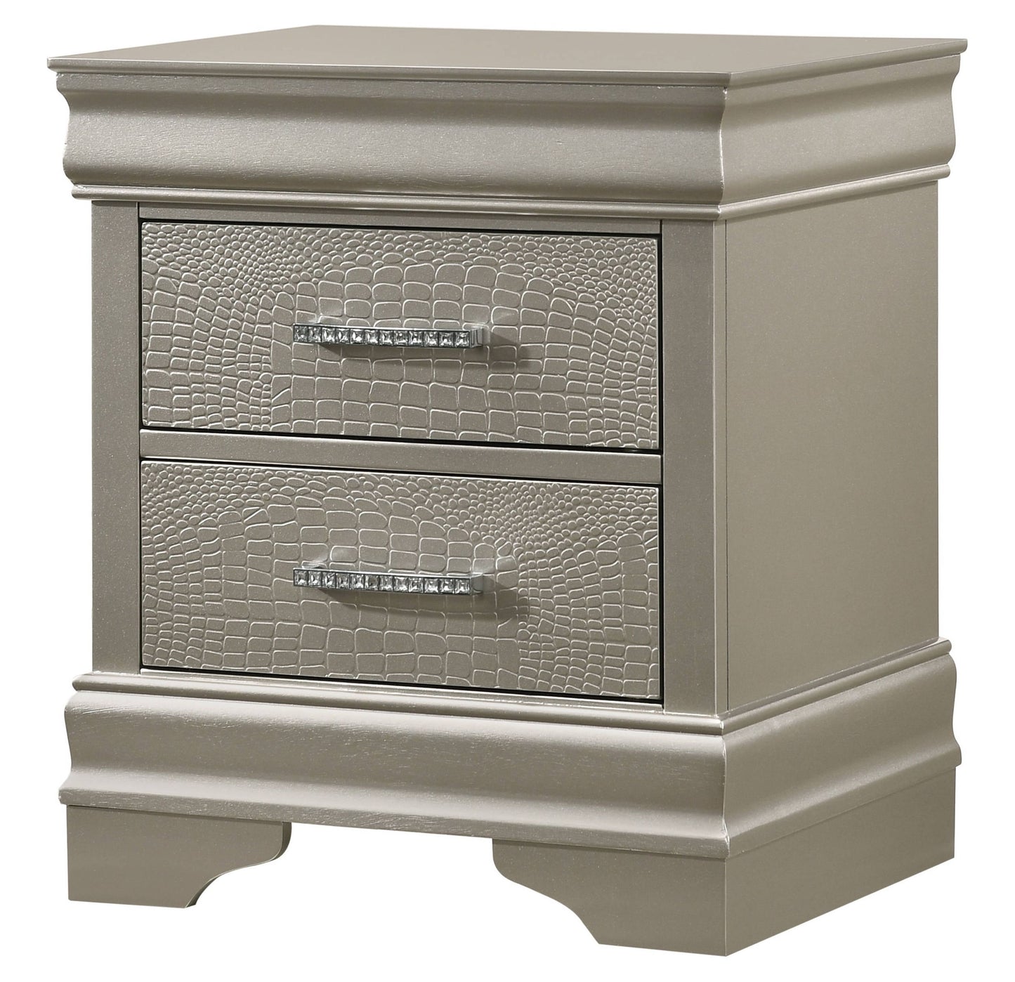 6-Piece Silver Finish King Size Upholstered Bed Set with Dresser, Mirror, Nightstand, and Chest - Wooden Bedroom Furniture