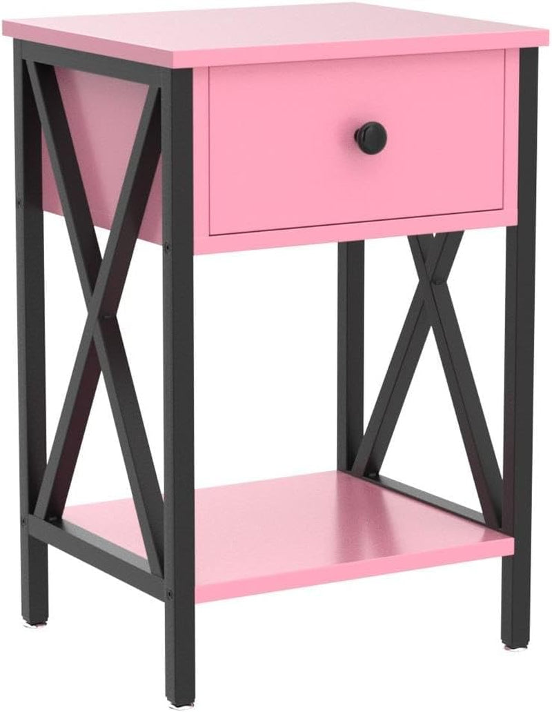 X-Design Nightstands with Drawer and Storage Shelf, Classic Pink, Set of 2 for Living Room and Bedroom
