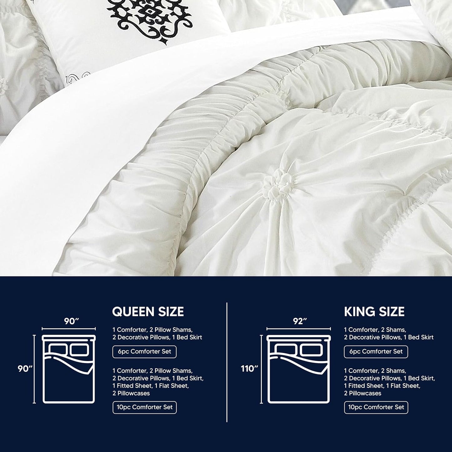 Halpert King Size 6-Piece White Bed in a Bag Comforter Set with Pintuck Pinch Pleat Microfiber Bedding, Including Shams, Bed Skirt, Flat & Fitted Sheets, Pillowcases, and Decorative Pillows