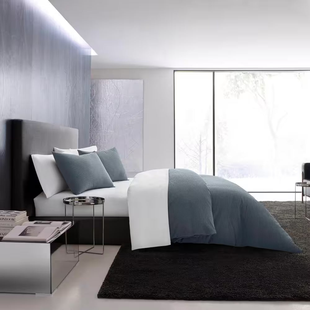 Waffle Pique 3-Piece Blue Solid Cotton Queen Duvet Cover Set