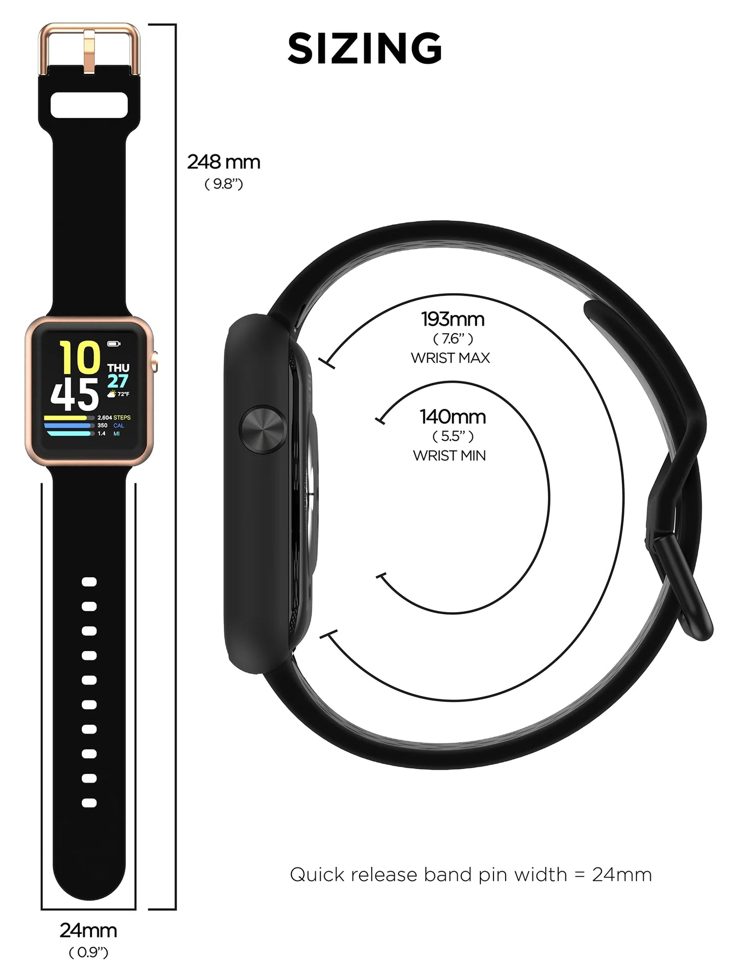 Fusion 3 Unisex Rectangular Smartwatch in Black with Silicone Strap