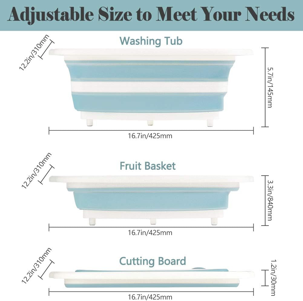 Collapsible Cutting Board and Colander Set - Multifunctional Silicone Kitchen Vegetable Washing Basket for BBQ, Picnic, and Camping (Light Blue)