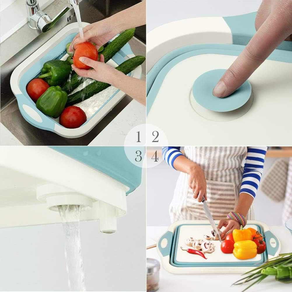 Collapsible Cutting Board and Colander Set - Multifunctional Silicone Kitchen Vegetable Washing Basket for BBQ, Picnic, and Camping (Light Blue)