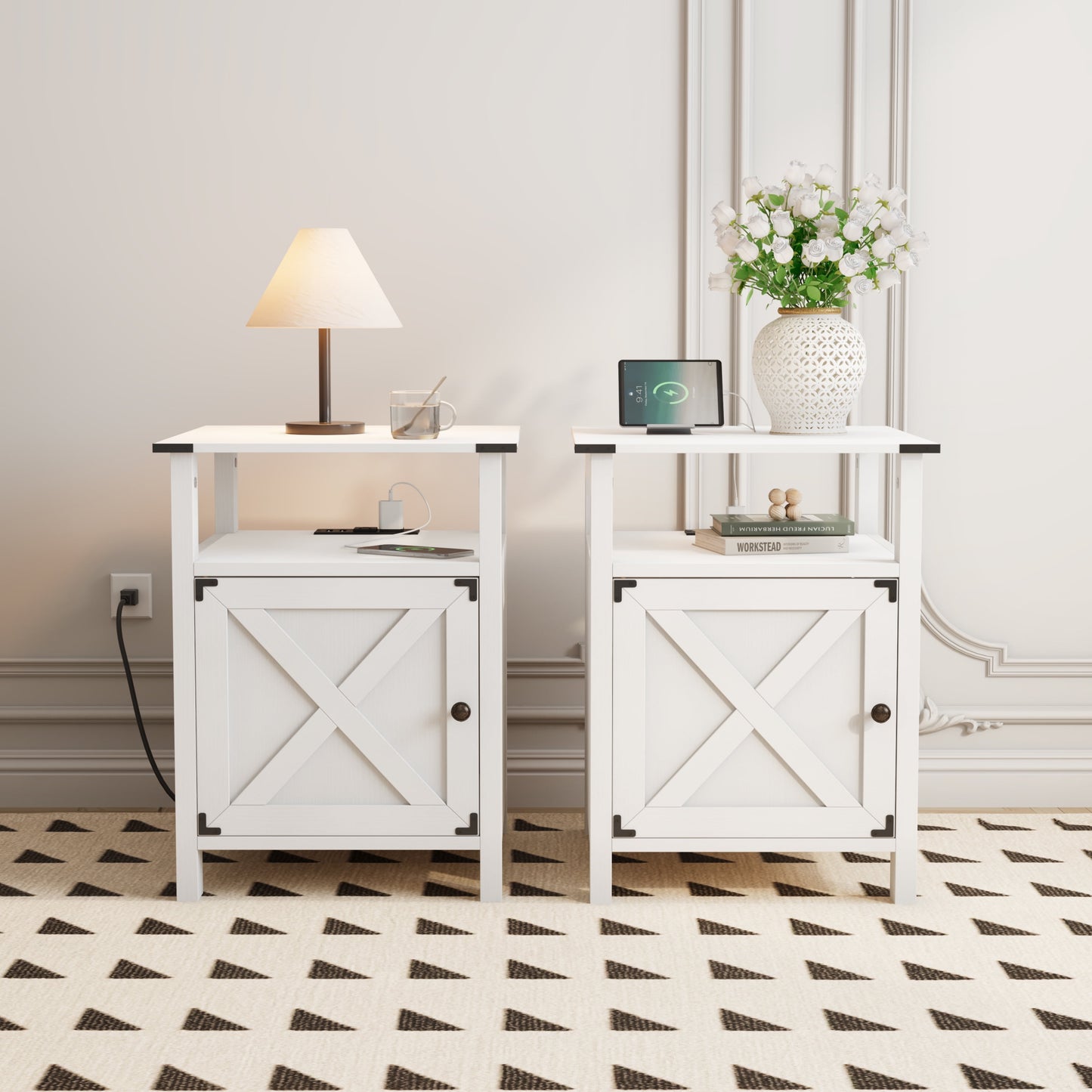 Set of 2 White Farmhouse Nightstands for Bedroom Furniture