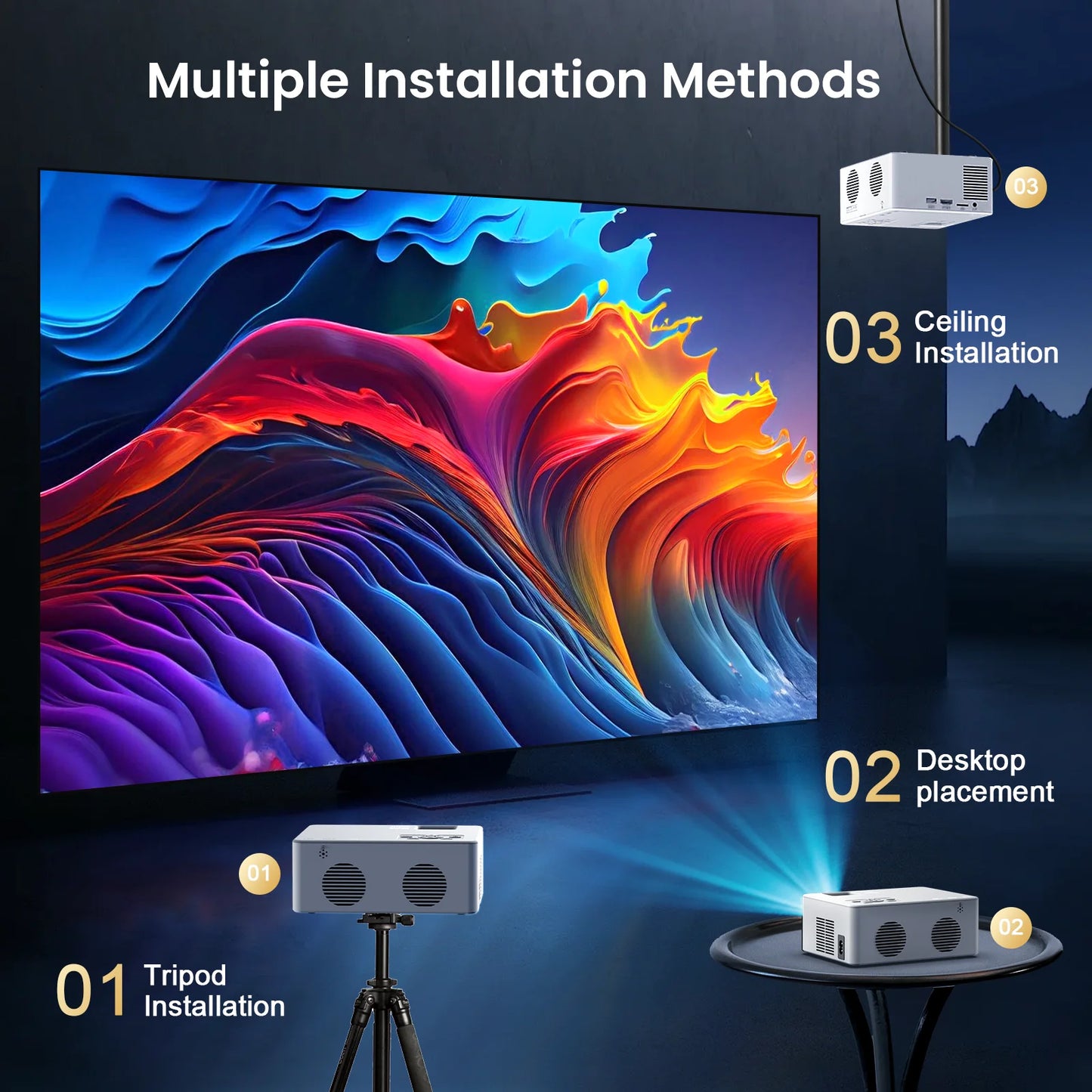 5G WiFi Projector with Bluetooth 5.2, HD 1080P Resolution, Supports Up to 250'' Display with HDMI Connectivity