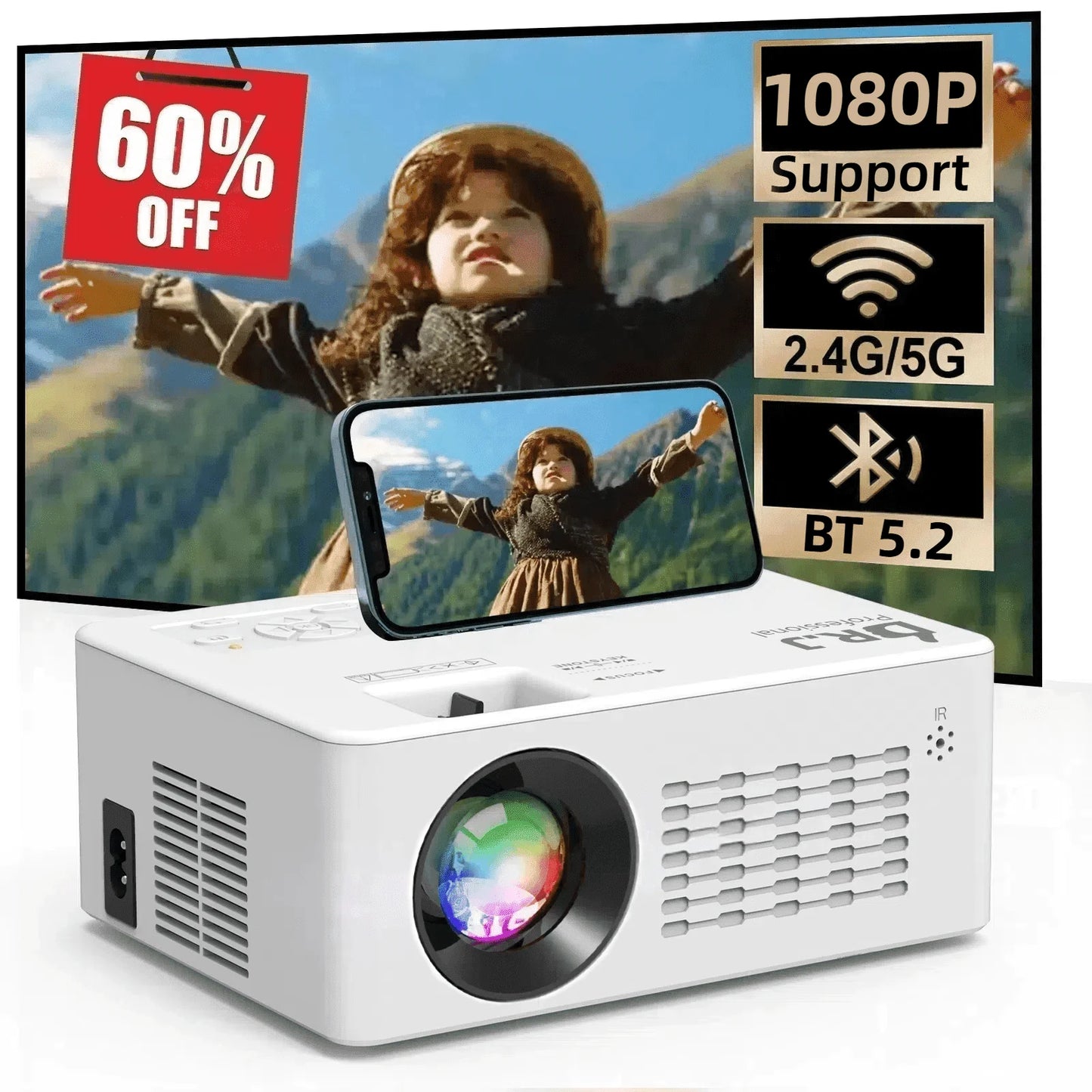 5G WiFi Projector with Bluetooth 5.2, HD 1080P Resolution, Supports Up to 250'' Display with HDMI Connectivity