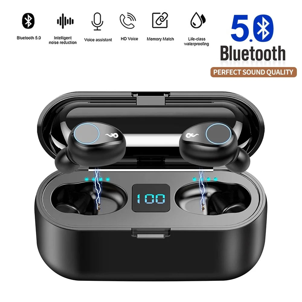 Bluetooth 5.0 True Wireless Earbuds with Smart LED Display Charging Case, Touch Control, Built-in Microphone, 120 Hours Playtime, Noise Cancelling Headset for Sports