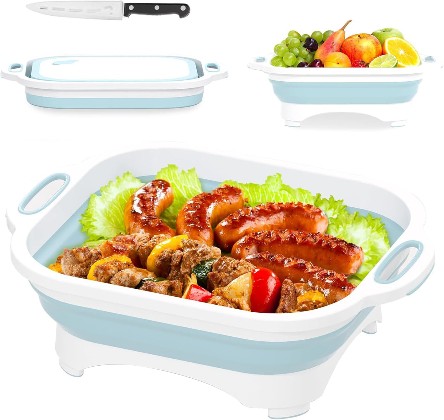 Collapsible Cutting Board and Knife Set by - Multifunctional Silicone Dish Tub for Vegetable Washing, BBQ Preparation, and RV Accessories