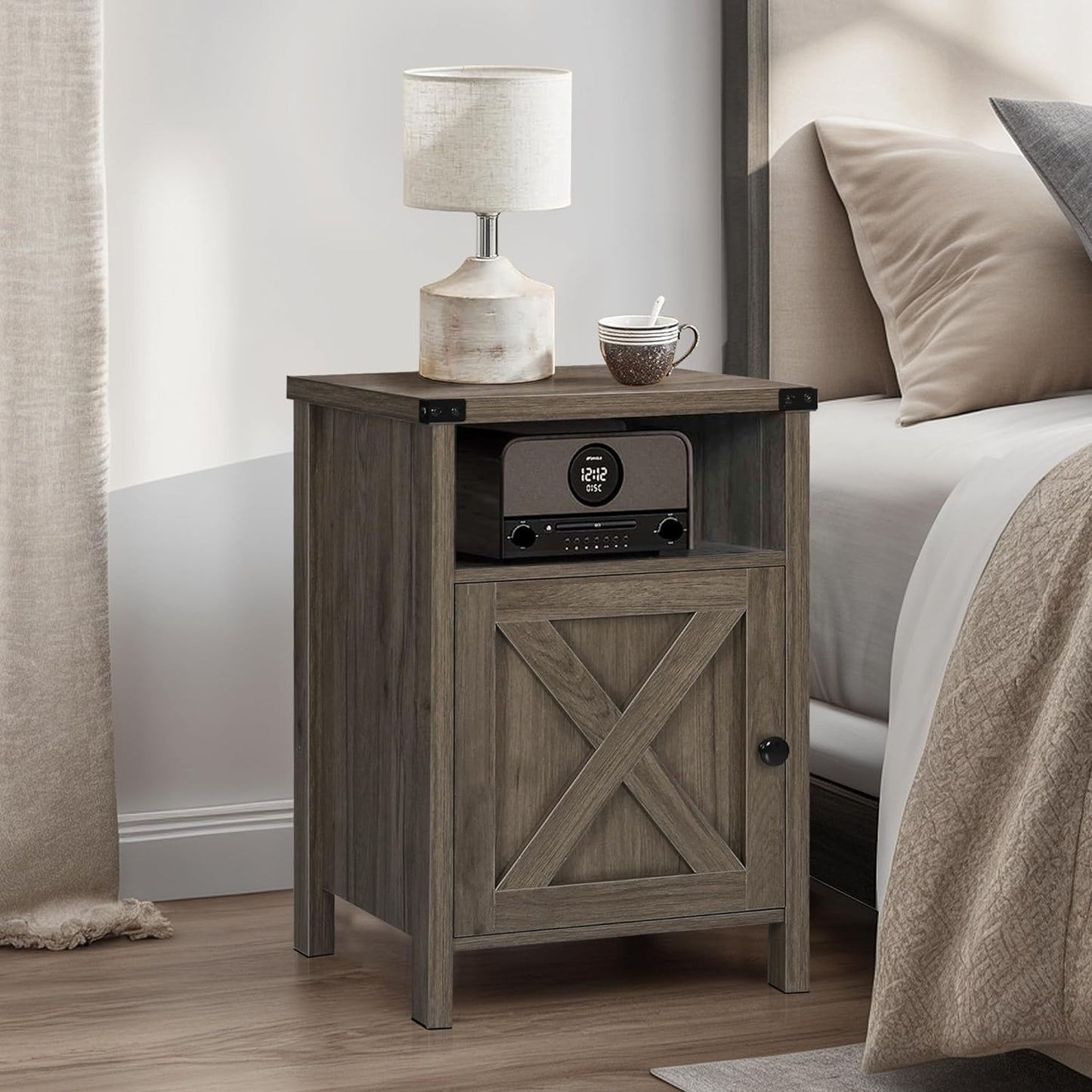 Rustic Nightstand Set of Two, Farmhouse End Tables with Barn Door and Shelf, Gray Wash Finish for Bedroom and Living Room