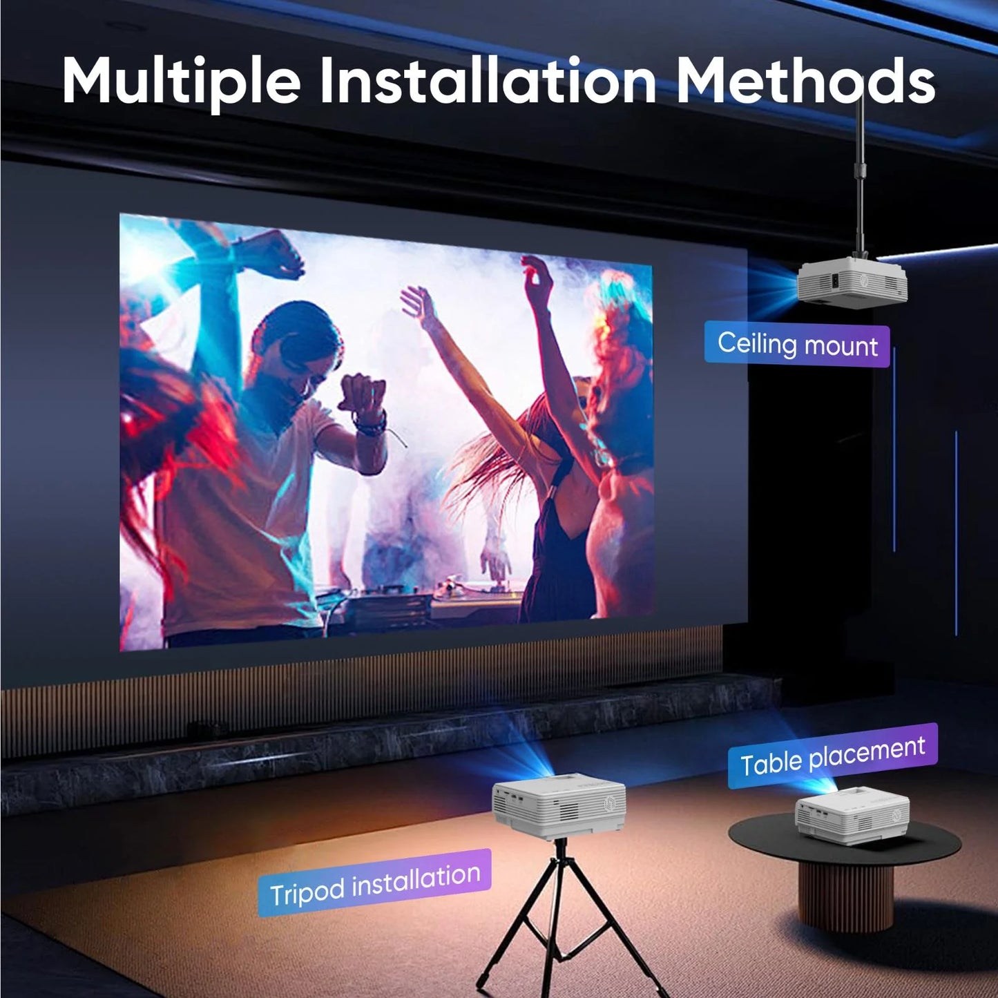 Mini Projector with Bluetooth 5.2 and Screen, 1080P HD Movie Projection, Supports Up to 200" Screen