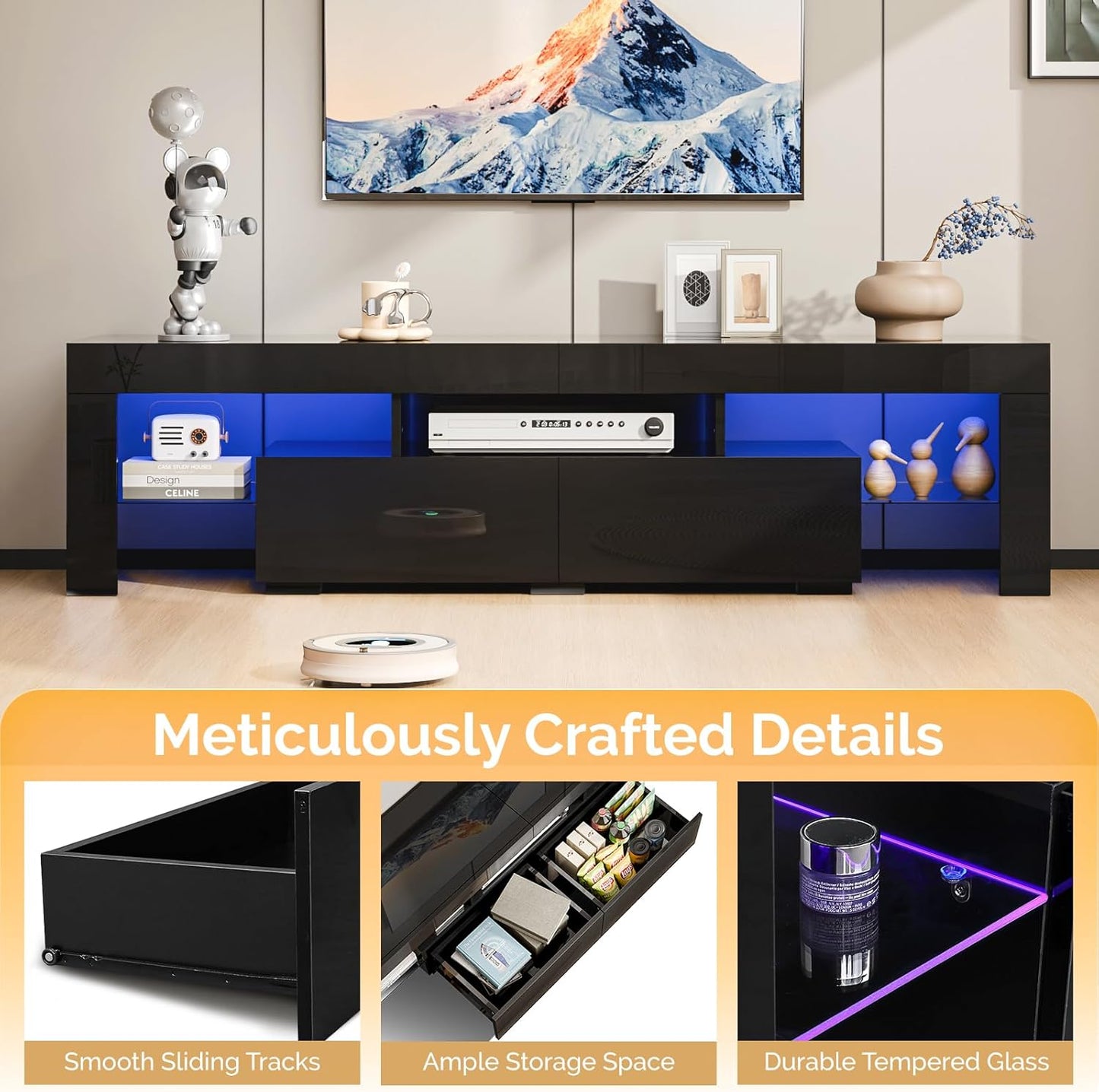 Modern LED TV Stand for TVs up to 70 Inches, Stylish Entertainment Center with LED Lighting and Storage Solutions for Living Room (Black, 63" x 14" x 18")
