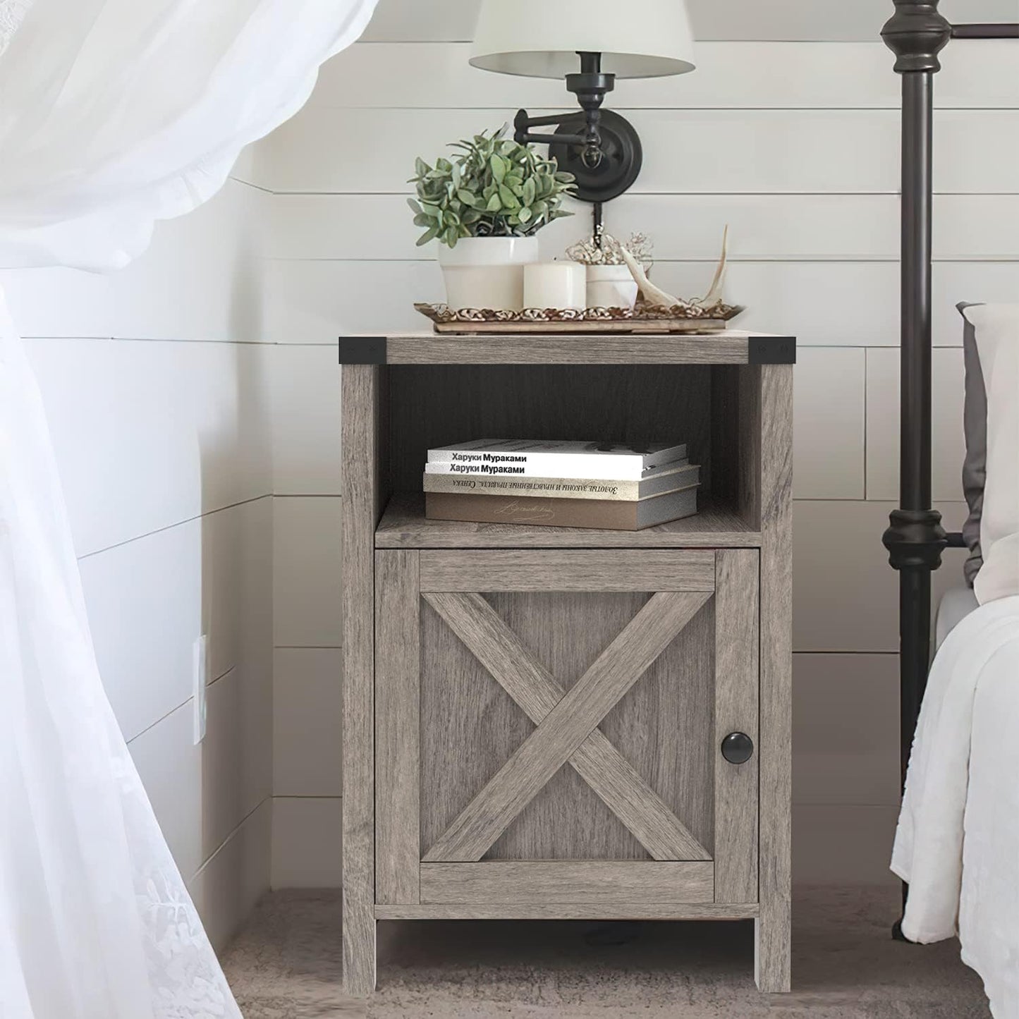 Set of 2 Rustic Gray Farmhouse Nightstands with Barn Door and Shelf for Bedroom and Living Room
