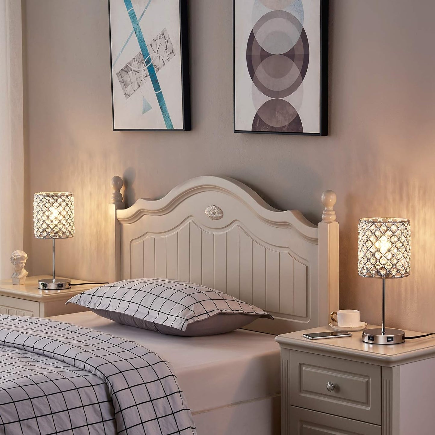 Set of 2 Silver Crystal Touch Table Lamps, 3-Way Dimmable Bedside Lighting with Dual USB Ports, Ideal for Bedrooms and Living Rooms (Includes 2 Bulbs)