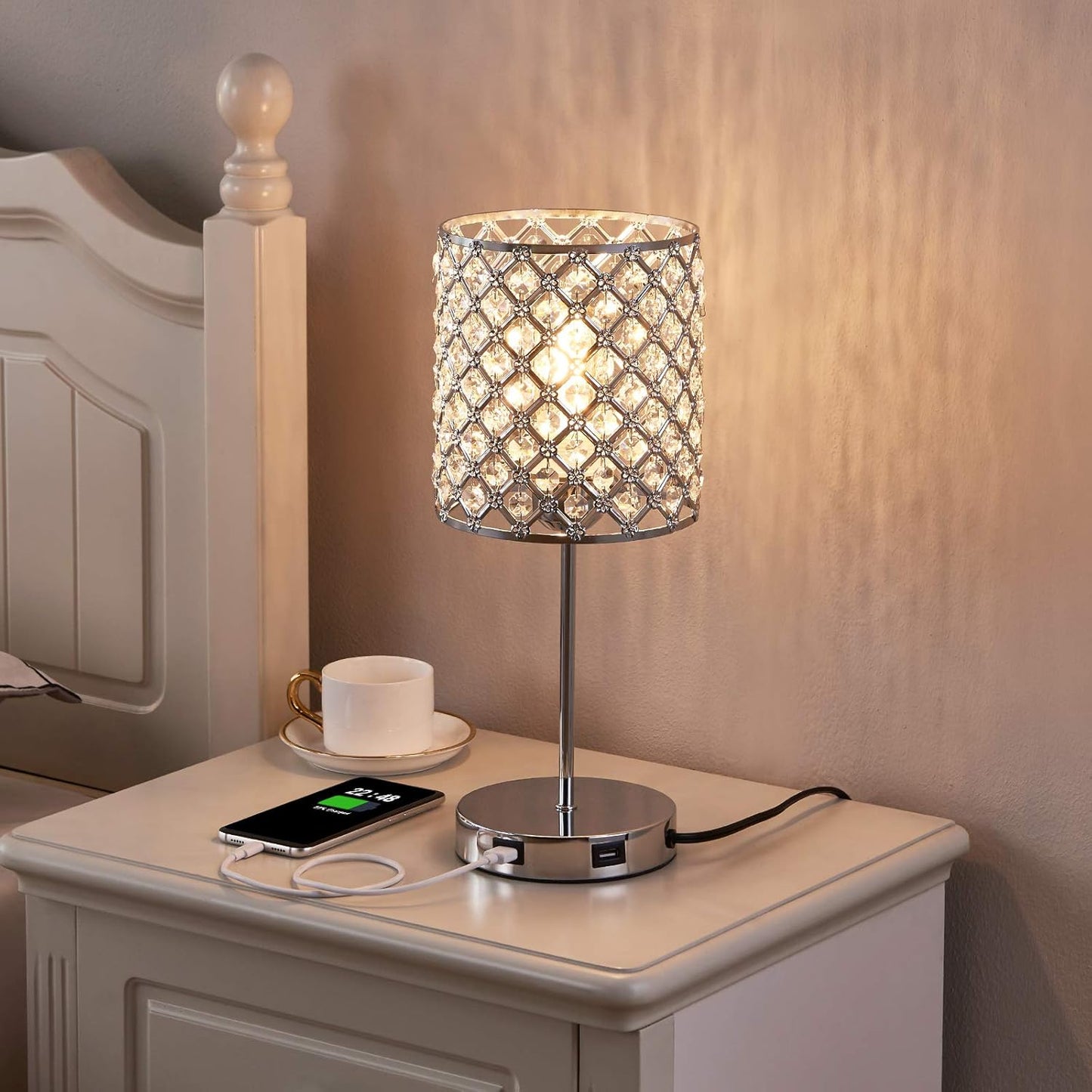 Set of 2 Silver Crystal Touch Table Lamps, 3-Way Dimmable Bedside Lighting with Dual USB Ports, Ideal for Bedrooms and Living Rooms (Includes 2 Bulbs)