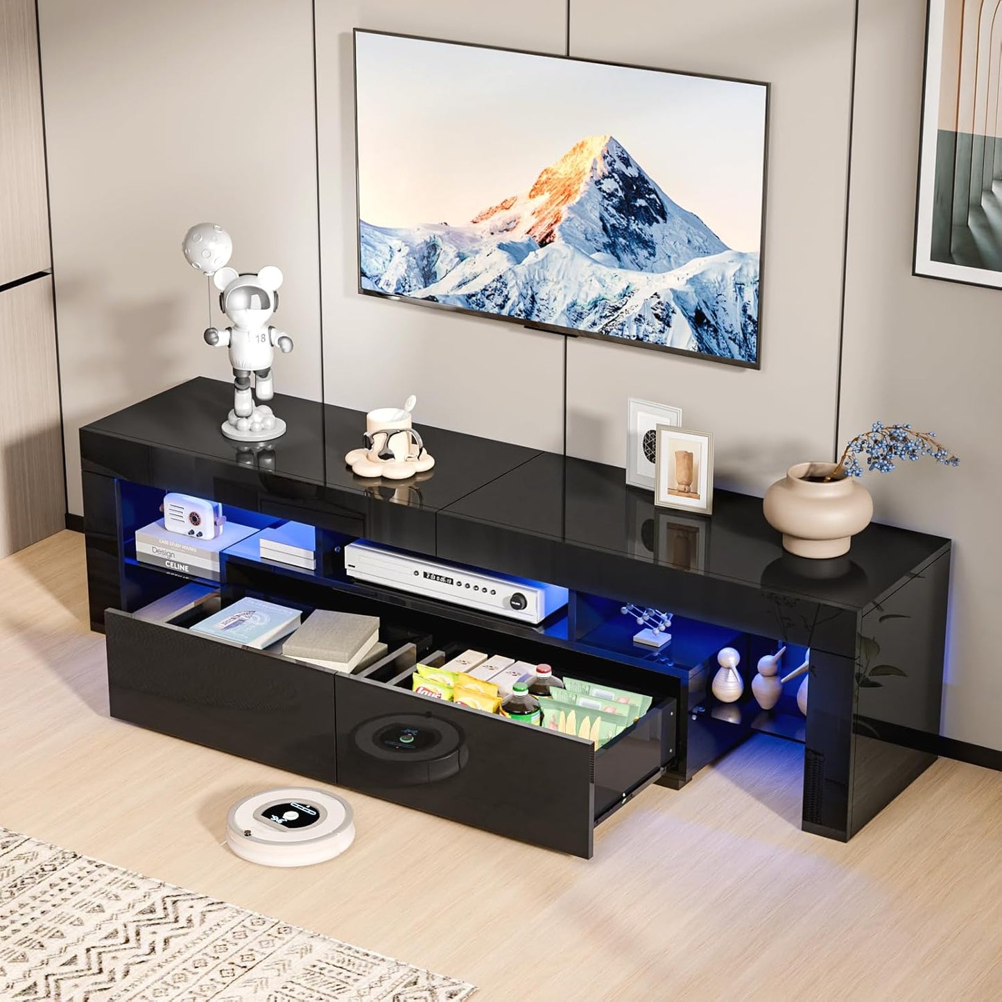 Modern LED TV Stand for TVs up to 70 Inches, Stylish Entertainment Center with LED Lighting and Storage Solutions for Living Room (Black, 63" x 14" x 18")