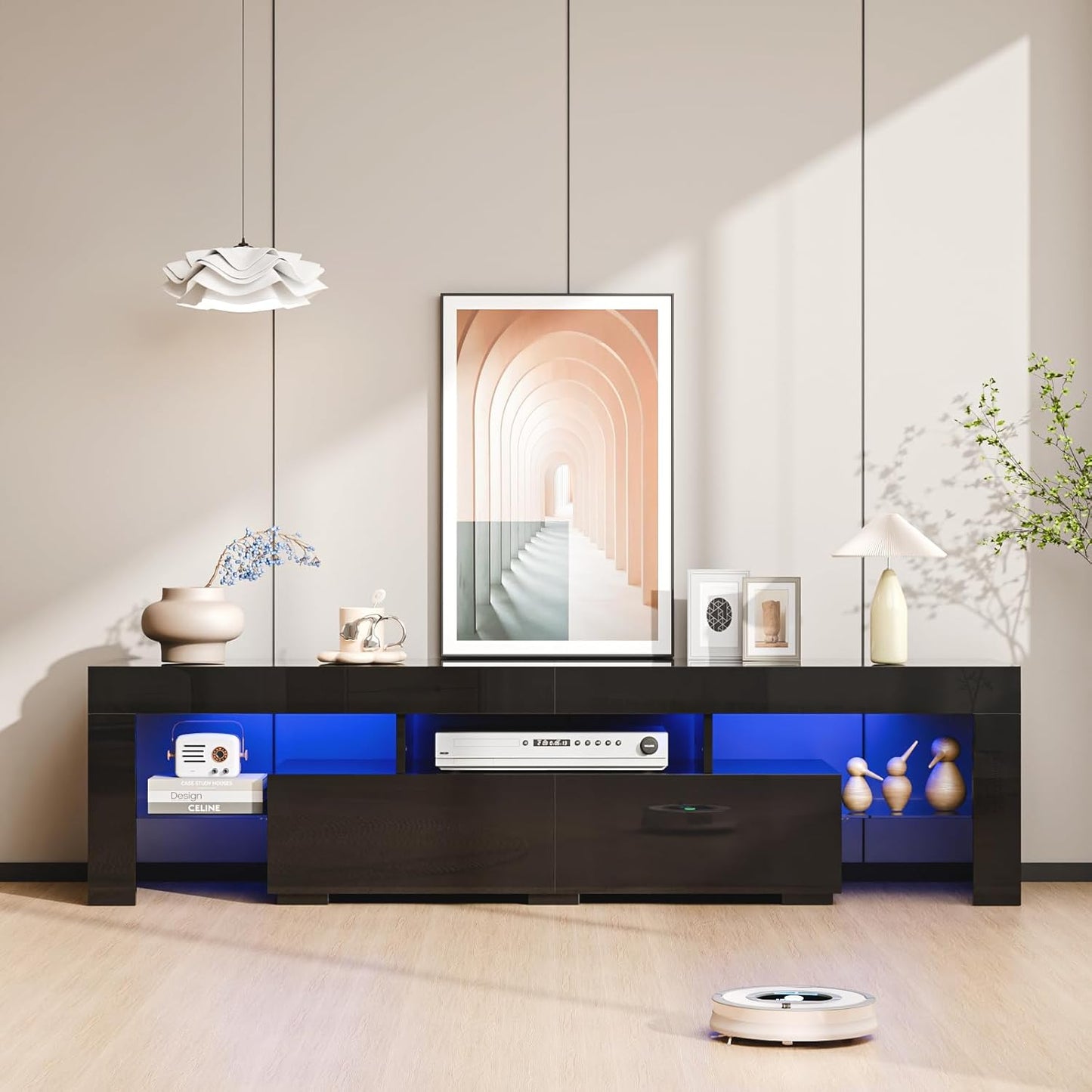 Modern LED TV Stand for TVs up to 70 Inches, Stylish Entertainment Center with LED Lighting and Storage Solutions for Living Room (Black, 63" x 14" x 18")