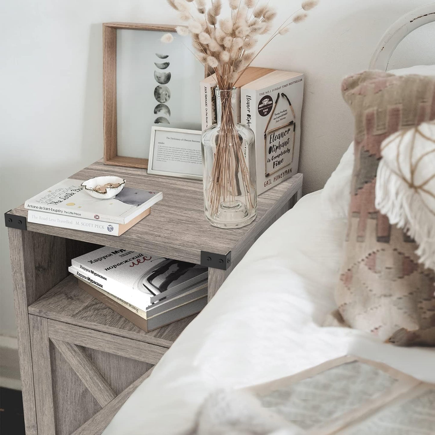 Set of 2 Rustic Gray Farmhouse Nightstands with Barn Door and Shelf for Bedroom and Living Room