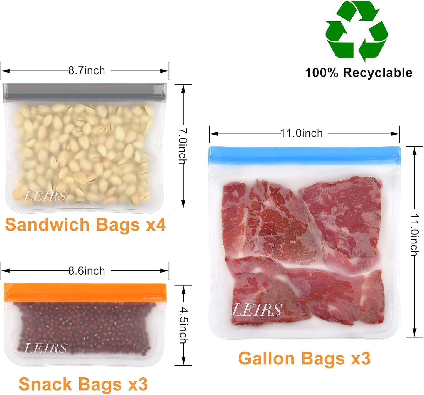 Premium Dishwasher-Safe Reusable Storage Bags - 10 Pack, Extra Thick Leakproof Silicone Freezer and Lunch Bags, BPA-Free for Food Storage, Marinating Meat, Fruits, Cereals, Sandwiches, and Snacks