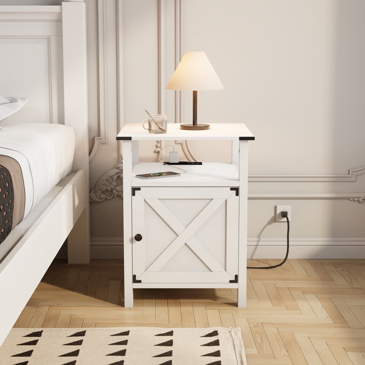Set of 2 White Farmhouse Nightstands for Bedroom Furniture
