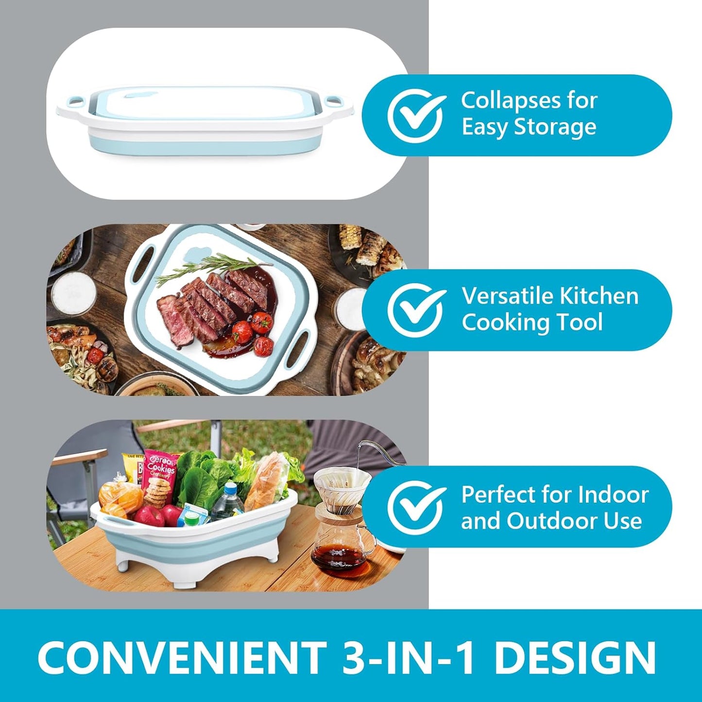 Collapsible Cutting Board and Knife Set by - Multifunctional Silicone Dish Tub for Vegetable Washing, BBQ Preparation, and RV Accessories
