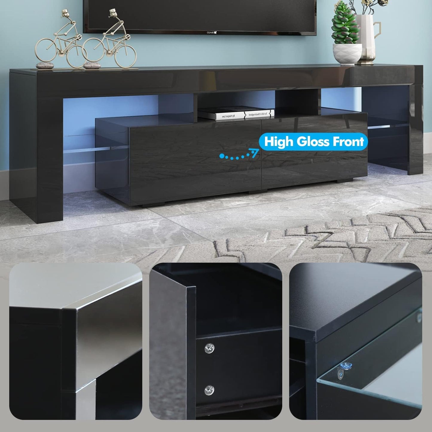 High Gloss Black TV Stand with 2 Storage Compartments and 3 Open Shelves for 50 to 70 Inch TVs - Modern Entertainment Center and Media Console