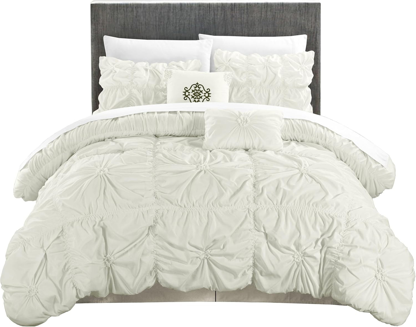 Halpert King Size 6-Piece White Bed in a Bag Comforter Set with Pintuck Pinch Pleat Microfiber Bedding, Including Shams, Bed Skirt, Flat & Fitted Sheets, Pillowcases, and Decorative Pillows