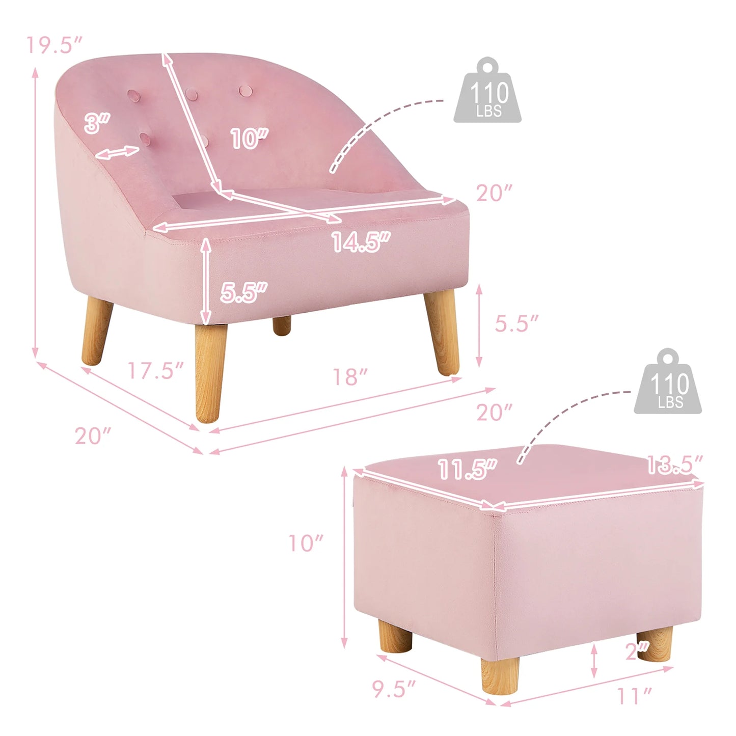Kids Sofa Chair W/ Ottoman Velvet Upholstered Couch