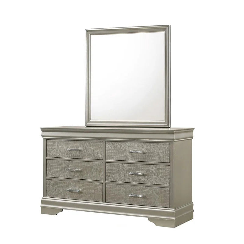 6-Piece Silver Finish King Size Upholstered Bed Set with Dresser, Mirror, Nightstand, and Chest - Wooden Bedroom Furniture