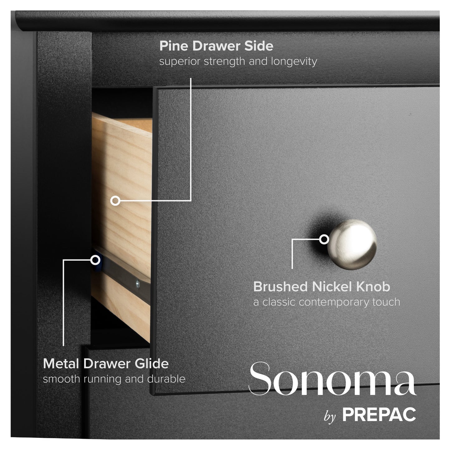 Sonoma 6-Drawer Wooden Dresser Chest, 19" x 23.25" x 52.75", Black Finish