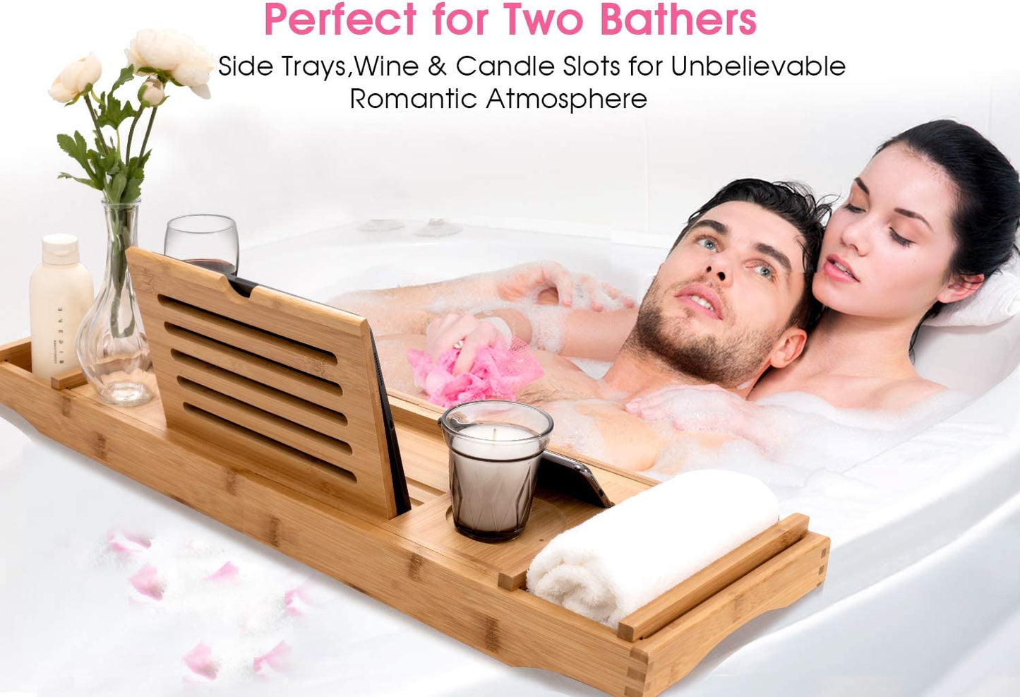 Bamboo Bathtub Caddy Tray Durable, Non-Slip, One or Two Person Bath and Bed Tray, Extending Sides Fits Any Tub, Cellphone and Wineglass Holder, Free Soap Holder -Yellow