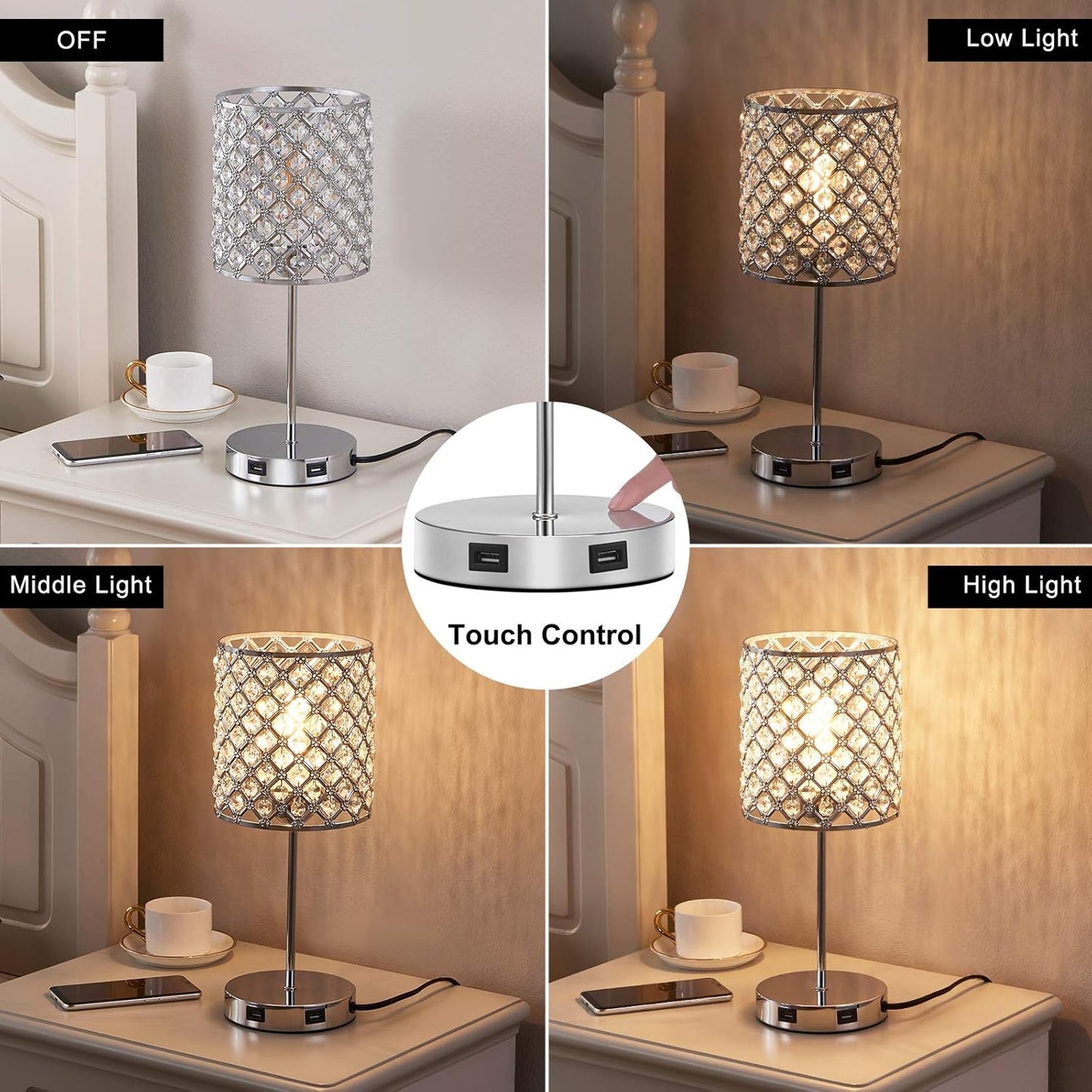 Set of 2 Silver Crystal Touch Table Lamps, 3-Way Dimmable Bedside Lighting with Dual USB Ports, Ideal for Bedrooms and Living Rooms (Includes 2 Bulbs)