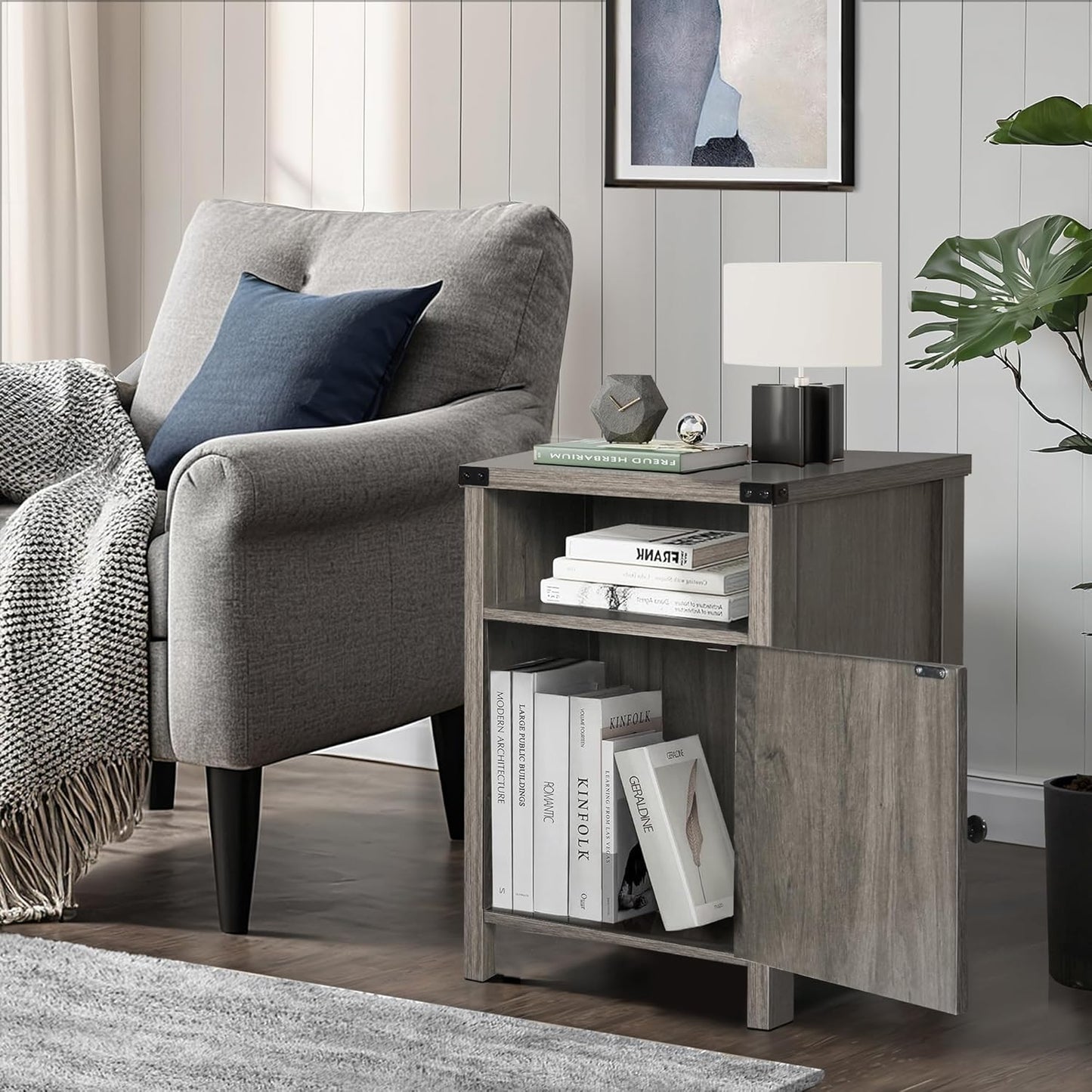 Set of 2 Rustic Gray Farmhouse Nightstands with Barn Door and Shelf for Bedroom and Living Room