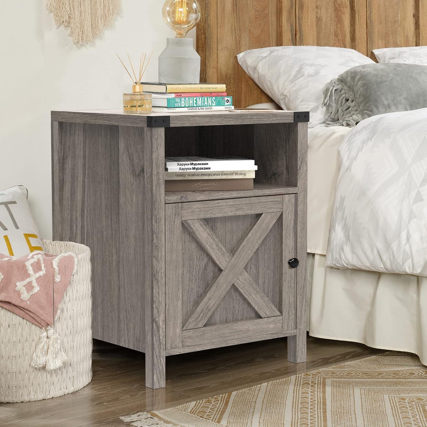 Set of 2 Rustic Gray Farmhouse Nightstands with Barn Door and Shelf for Bedroom and Living Room