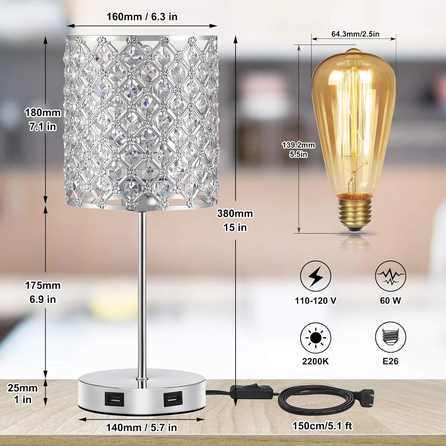 Set of 2 Silver Crystal Touch Table Lamps, 3-Way Dimmable Bedside Lighting with Dual USB Ports, Ideal for Bedrooms and Living Rooms (Includes 2 Bulbs)