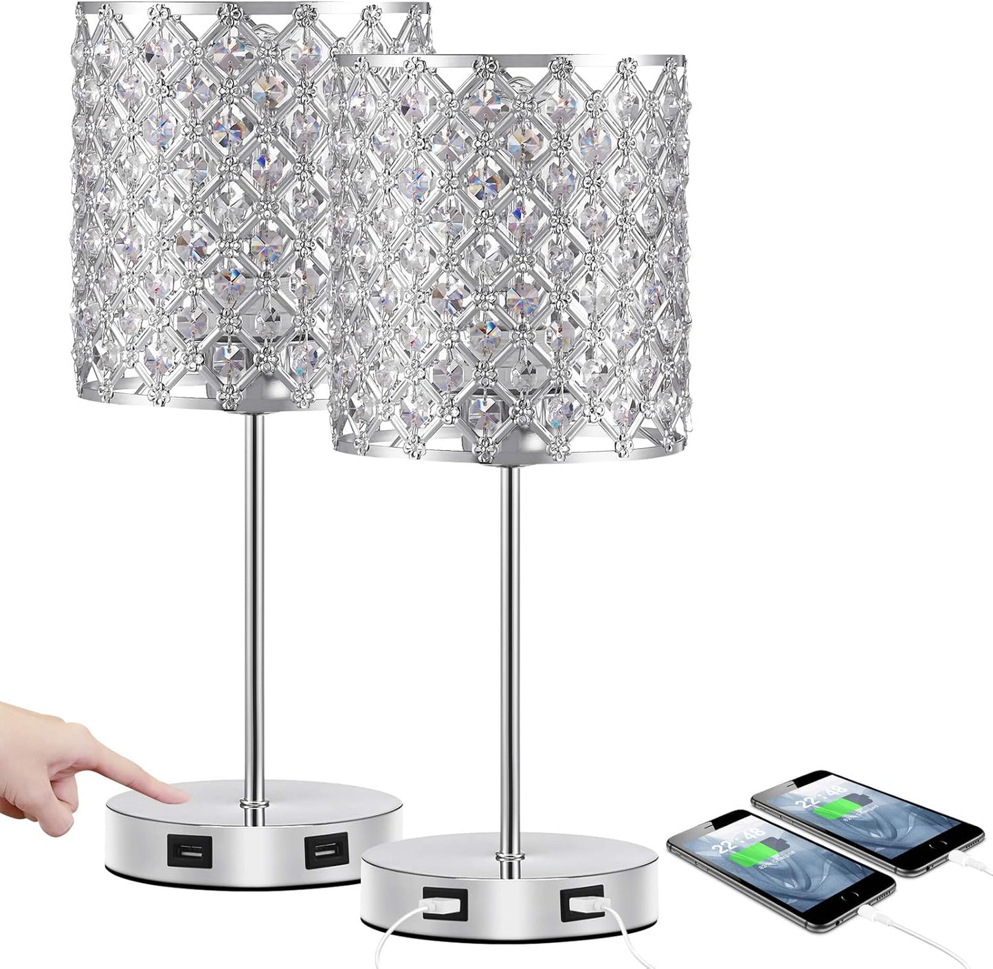 Set of 2 Silver Crystal Touch Table Lamps, 3-Way Dimmable Bedside Lighting with Dual USB Ports, Ideal for Bedrooms and Living Rooms (Includes 2 Bulbs)