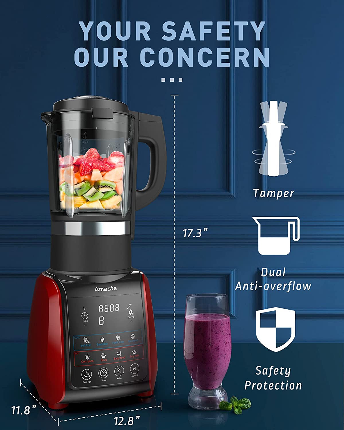 1200W High Power Hot and Cold Blender with Timer, 64 OZ Glass Countertop Smoothie Maker for Ice Crushing, Frozen Desserts, Soups, and Fish