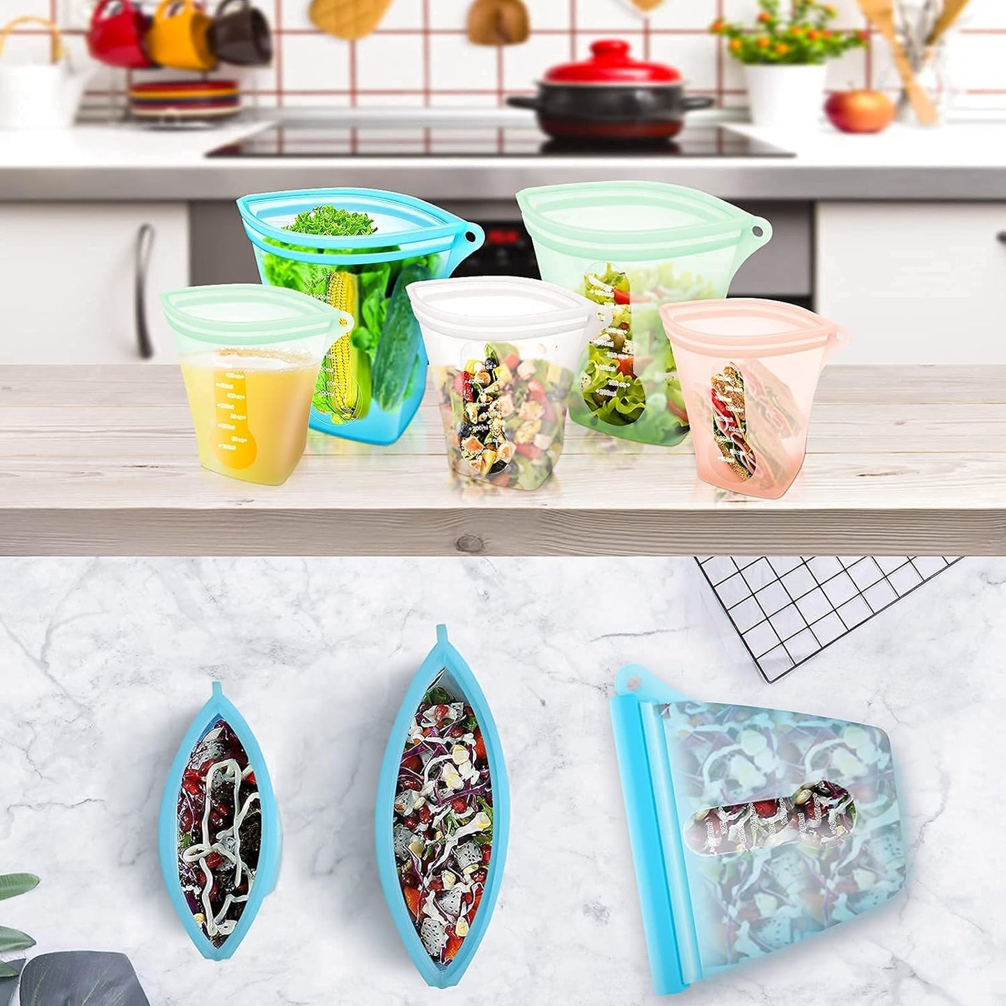 Reusable Silicone Food Storage Bags,Stand up Leakproof Zip Containers,Reusable Sandwich Bags,Non-Toxic,Bpa Free, Dishwasher Safe,Freezer-Safe,Easy to Clean(Set of 5)