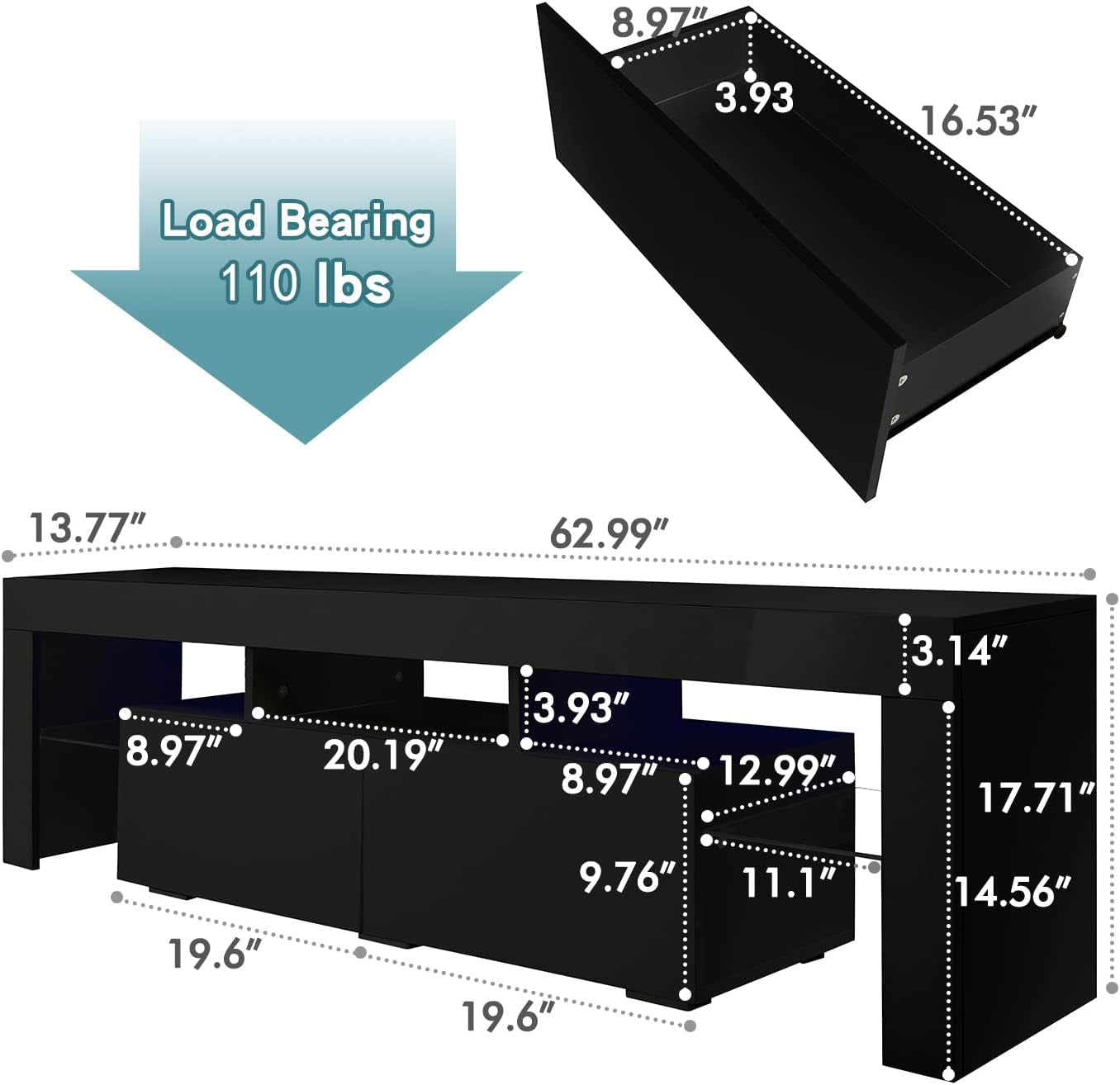 High Gloss Black TV Stand with 2 Storage Compartments and 3 Open Shelves for 50 to 70 Inch TVs - Modern Entertainment Center and Media Console