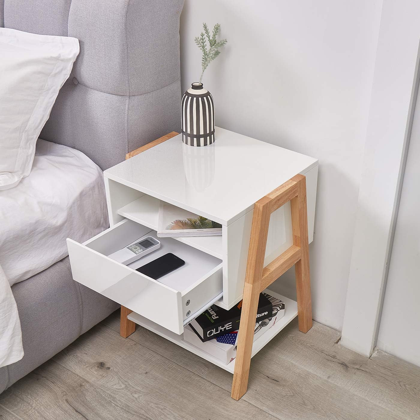 White Nightstand Set of 2 with Drawer Storage Shelves for Bedroom, Living Room, and Office