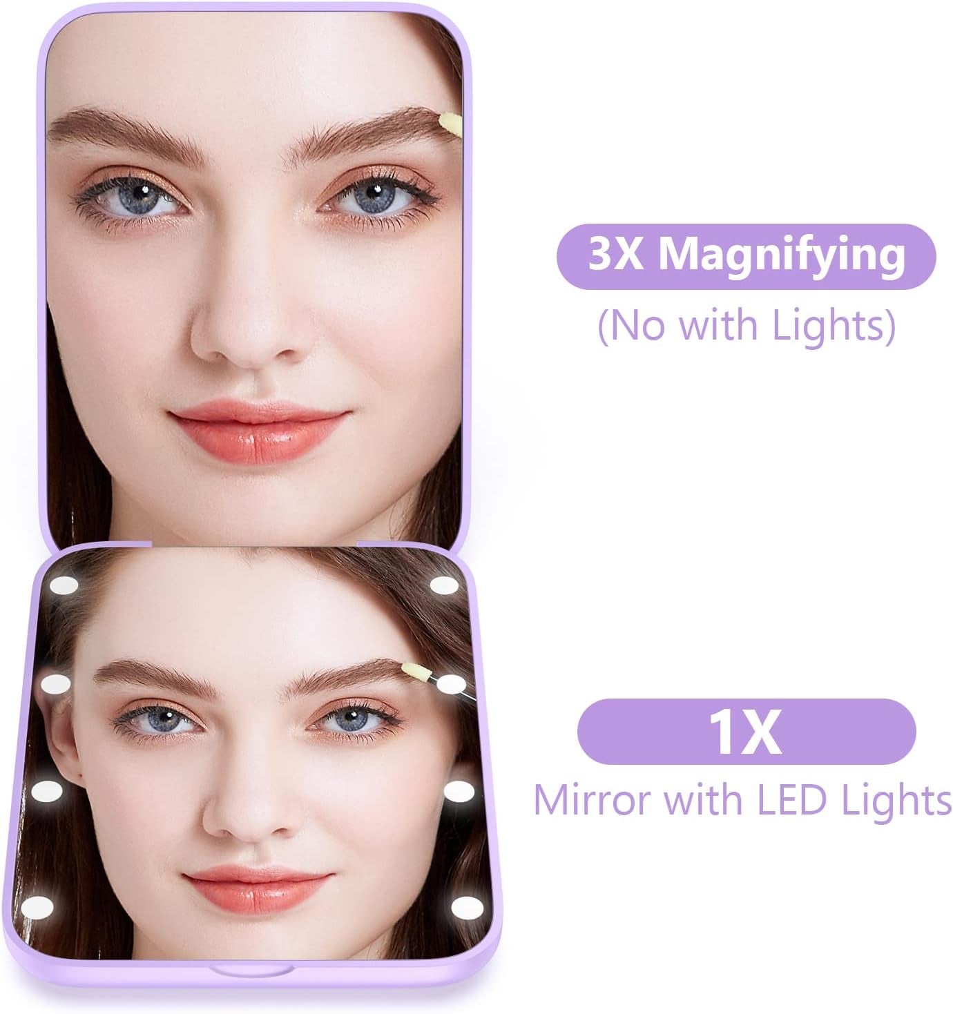 Compact LED Makeup Mirror with 1X/3X Magnification - Portable Mini Travel Mirror in Purple, Ideal for Purse and Pocket, Perfect Gift for Girls