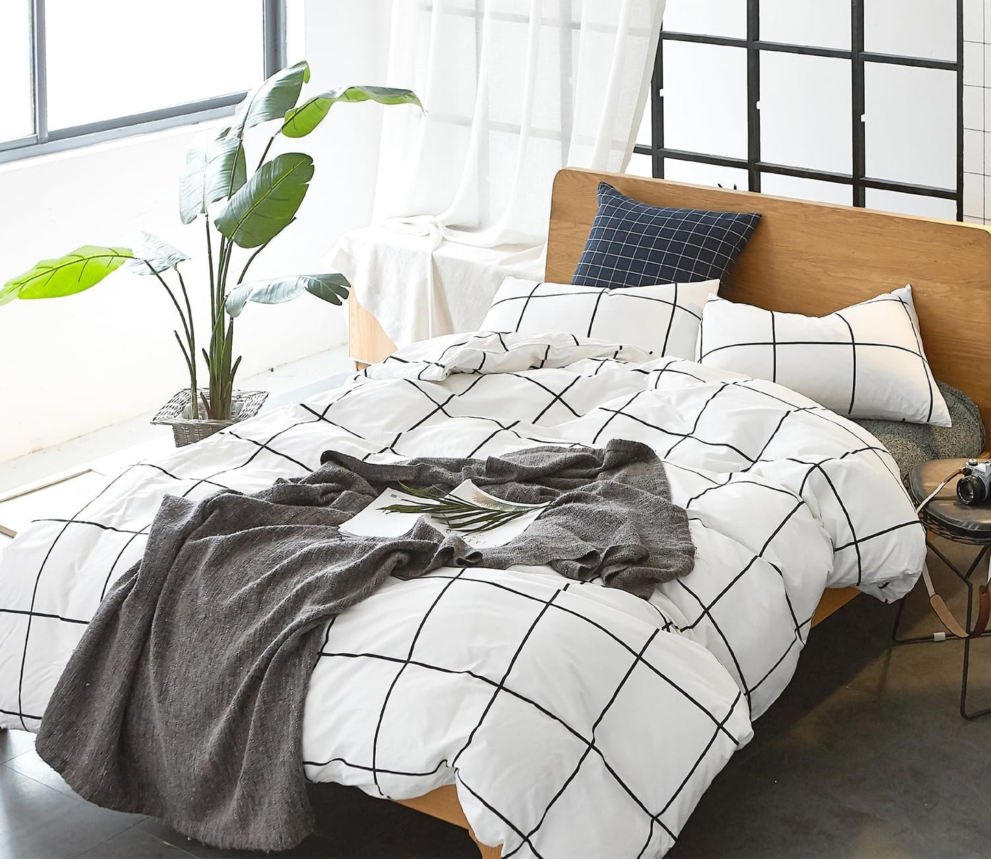 3Pcs Grid White Black Plaid Queen Duvet Cover Bedding Set