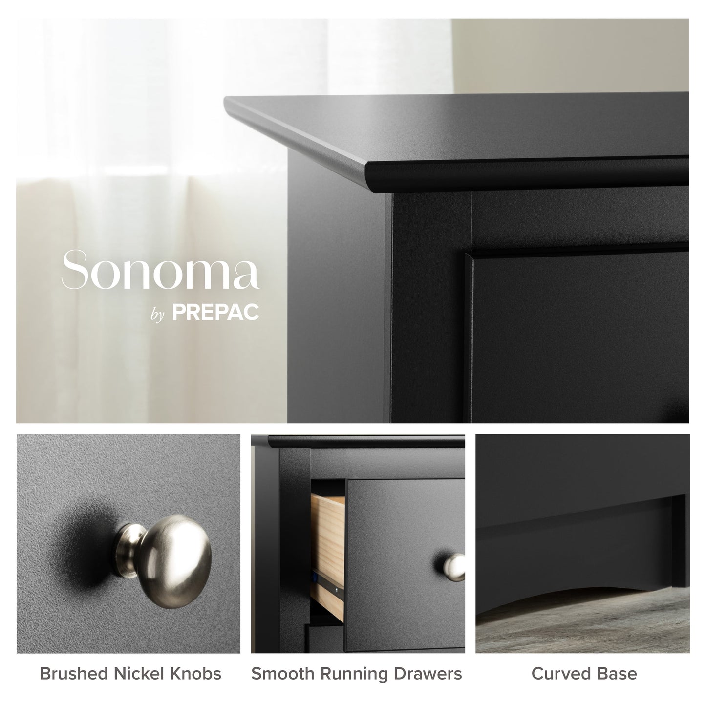 Sonoma 6-Drawer Wooden Dresser Chest, 19" x 23.25" x 52.75", Black Finish