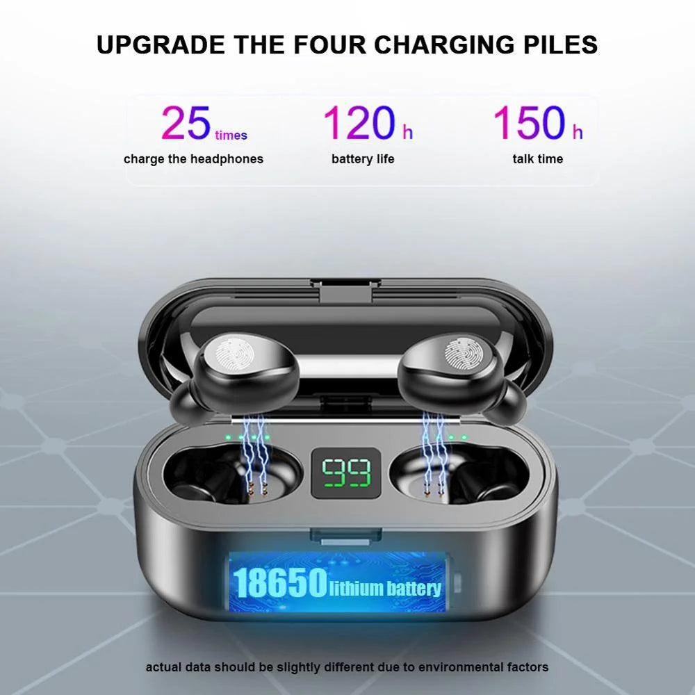 Bluetooth 5.0 True Wireless Earbuds with Smart LED Display Charging Case, Touch Control, Built-in Microphone, 120 Hours Playtime, Noise Cancelling Headset for Sports