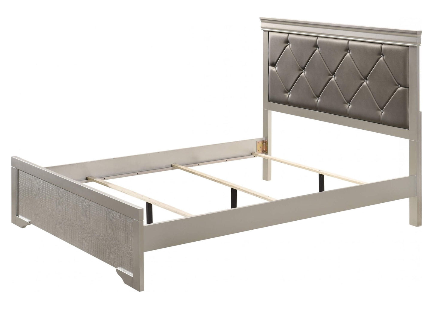 6-Piece Silver Finish King Size Upholstered Bed Set with Dresser, Mirror, Nightstand, and Chest - Wooden Bedroom Furniture