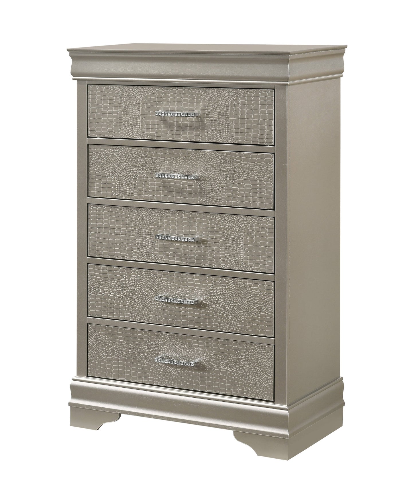 6-Piece Silver Finish King Size Upholstered Bed Set with Dresser, Mirror, Nightstand, and Chest - Wooden Bedroom Furniture